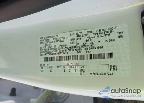 2022 Ford F-250 Xlt z USA, uszkodzony, nr VIN 1FT7W2BT6NEF25218